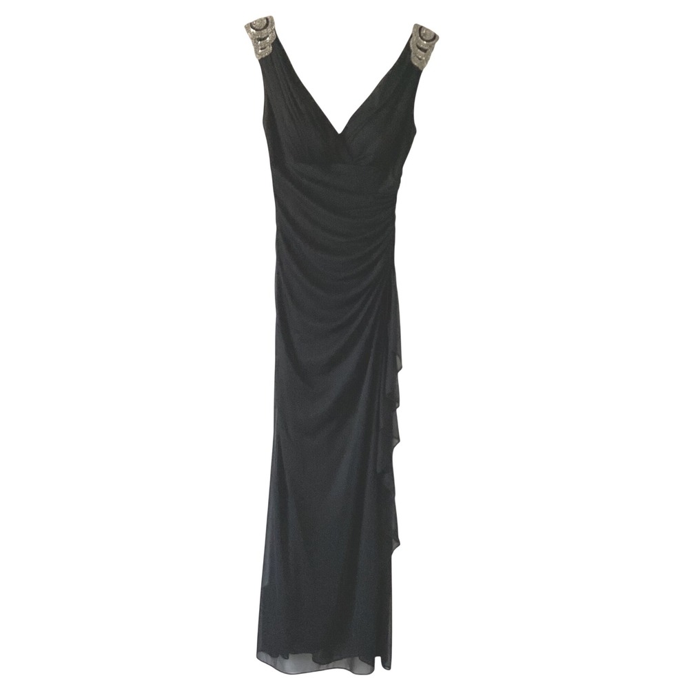 Betsy Adam Black Beaded Shoulder Ruched Gown Dress Size 2